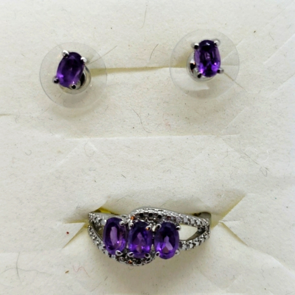 Genuine Amethyst Ring[8] & Earring Set